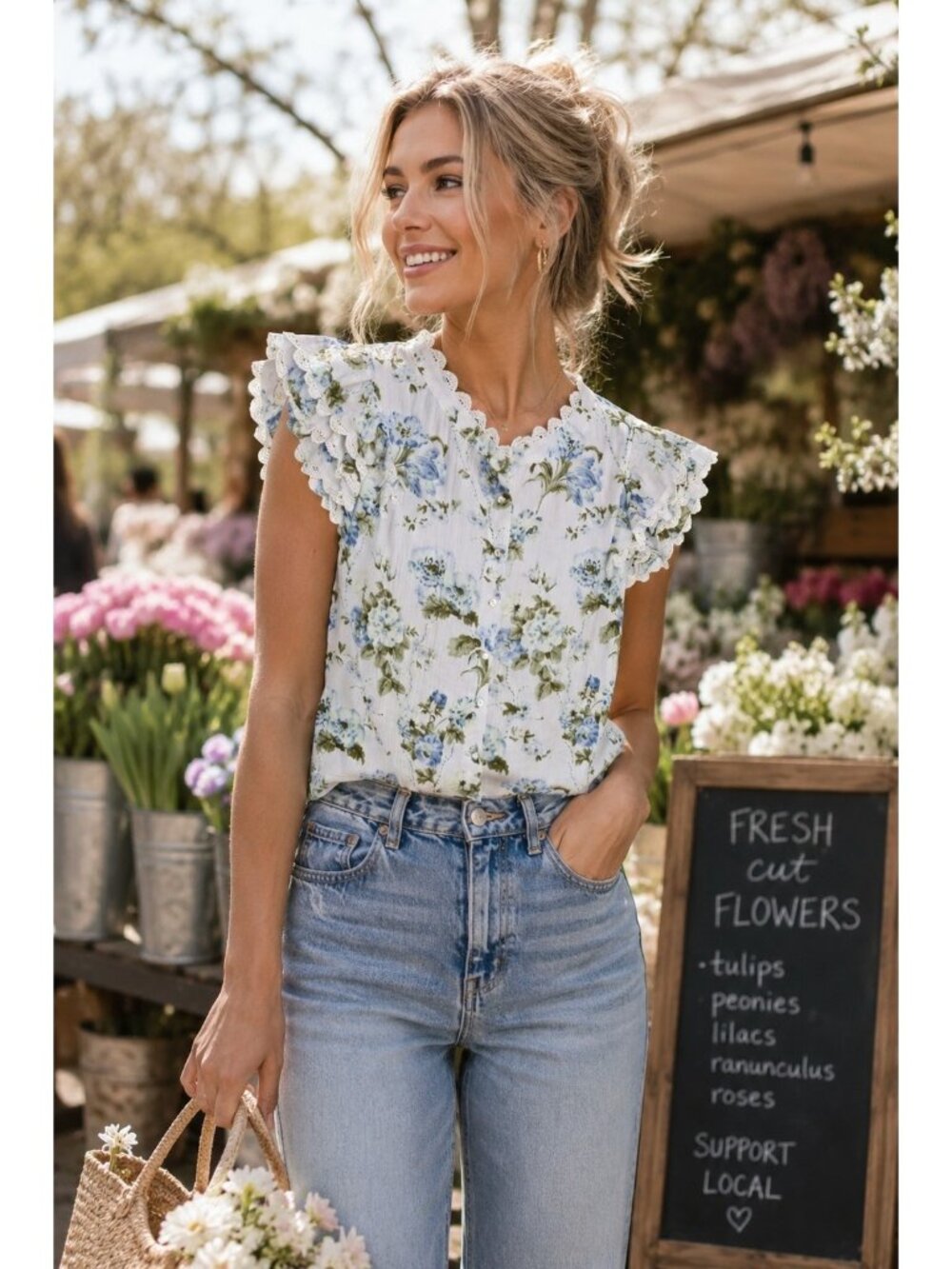 Laura Ashley Ditsy Floral Button Up Dobby Ruffle Lace Short Sleeve Blouse